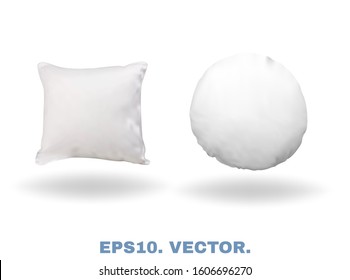White Realistic Pillows With Soft Shadows. Comfort Bed Cushions, Blank Pillows For Rest and Sleep. Square 3d Mockups Isolated On White Background For Template Your Design. Vector Illustrations Set.