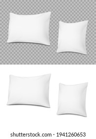 White realistic pillows, vector cushions 3d mockup of rectangular and square shape front view. Soft comfortable accessories for sleep and relaxation, design elements isolated on transparent background