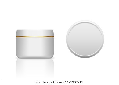 Weißes, realistisches Plastikglas für Creme, Peeling, Gel oder Pulver.Vektorillustration einzeln. Runde glänzende Flasche mit goldenem Streifen auf dem Deckel. Vorder- und Draufsicht der Verpackungsvorlage.