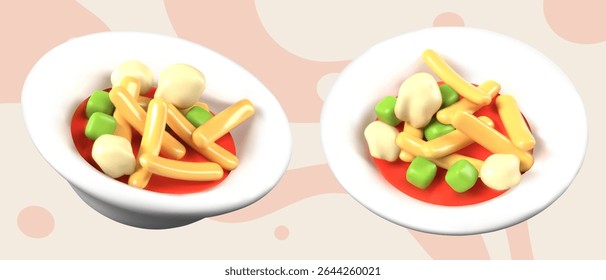 White realistic plate with bright vegetable dish. Vector model in different positions