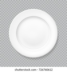 White realistic plate top view with shadow, isolated vector object on a transparent background. Empty dish for food. Kitchen dishware. Template for food presentation. Illustration for your projects.