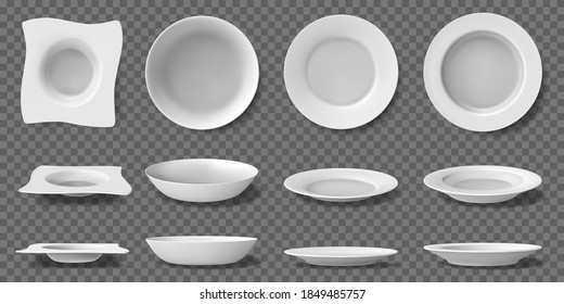 White realistic plates. Porcelain household kitchenware, dishes and bowls, 3D ceramic dining tableware. Blank kitchen crockery vector illustrations. Round plates for soup and salad