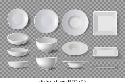 Platos realistas blancos, conjunto de platos blancos en cuatro ángulos