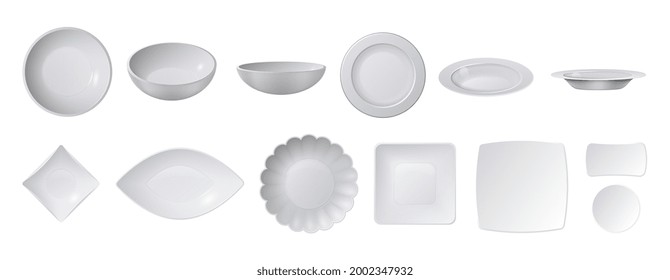 White realistic plates. Top view plate collection, isolated ceramic crockery. Kitchen accessories, cafe restaurant serving vector set