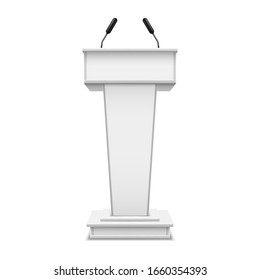 White realistic podium with microphone or pulpit with mic, debate tribune or speech rostrum. Platform for conference speaker or press, lecture or seminar, presentation, communication. Grandstand