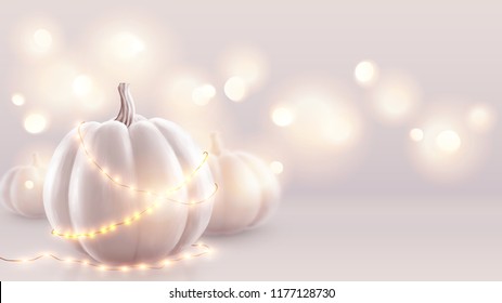 White realistic pumpkins and warm lights vector greeting card background. Halloween and wedding soft pink backdrop.