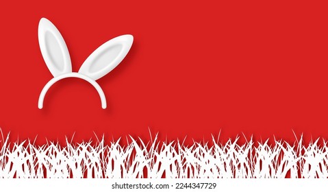 White realistic rabbit ears headband. Happy Easter 3D mask on red background