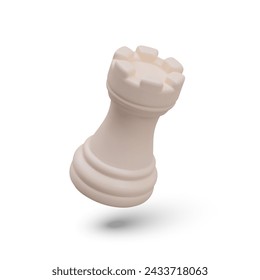 White realistic rook in tilted position. Chess piece for moving in straight line