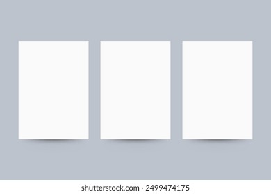 Conjunto realista blanco de páginas de papel en blanco. Tres hojas de papel con sombra.