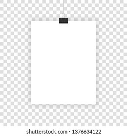 White realistic sheets hang on paper clips on a transparent background.