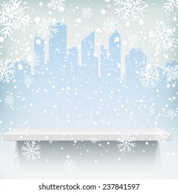 White realistic shelf on winter city background. Vector illustration