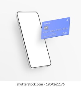 White realistic smartphone and plastic credit card. 3d mobile phone with blank white screen and bank card with chip. Vector template card for finance and cell phone on light background