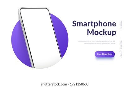 White realistic smartphone vector mockup in the circle  3d mobile phone and blank white screen  Modern cell phone template gradient background  Illustration device 3d screen
