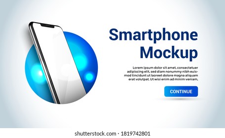 White realistic smartphone vector mockup in the circle. 3d mobile phone with blank white screen. Modern cell phone template on gradient background. Illustration of device 3d screen