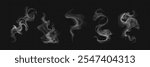 White realistic smoke elements flowing on dark background. Translucent curving steam shapes with mystical effect. cigarette or hot food and drink vapor, hookah cloud overlays design elements.