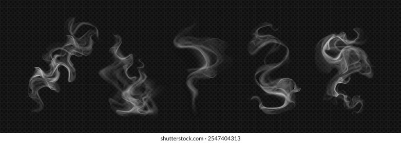 White realistic smoke elements flowing on dark background. Translucent curving steam shapes with mystical effect. cigarette or hot food and drink vapor, hookah cloud overlays design elements.