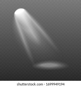 White realistic spotlight beam shining in diagonal direction. Isolated soft and bright ray of studio or sun light coming down at an angle - vector illustration