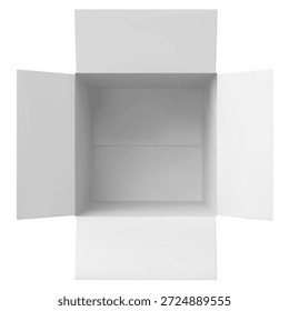 Caja de cartón cuadrada realista blanca con una tapa abierta, vista superior. Conceptos de entrega, almacenamiento, transporte, logística, mudanza y compras en línea. Ilustración vectorial. Fondo aislado.