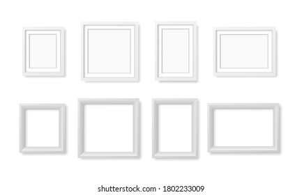 White realistic square empty picture photo frame. Blank photo frame on the wall. Modern design element for you product mock-up or presentation. Painting modern blank artwork. Vector illustration.