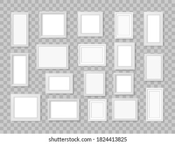 Marco fotográfico cuadrado blanco realista y vacío aislado en fondo transparente. Elemento de diseño moderno para su maqueta o presentación de productos. Marco fotográfico en blanco en la pared. Ilustración vectorial.