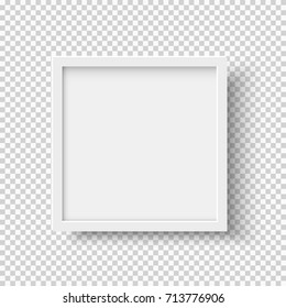 White realistic square empty picture frame on transparent background. Blank white picture frame mockup template isolated on neutral background. Vector illustration