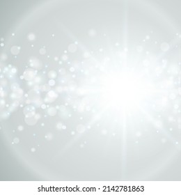 White realistic star snow explosion galaxy sunburst bright illuminated glare background template vector illustration. Sunlight flare energy explode abstract blurred shine glowing space dust particles