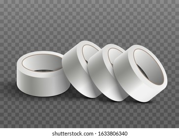 White realistic sticky tape roll stack isolated on transparent background. Rolls of adhesive tape lying in one line - vector illustration.