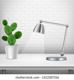 White realistic table with cactus and lamp, textured wall white backgound. Interior design. Template for Object Presentation. Vector Illustration. EPS 10