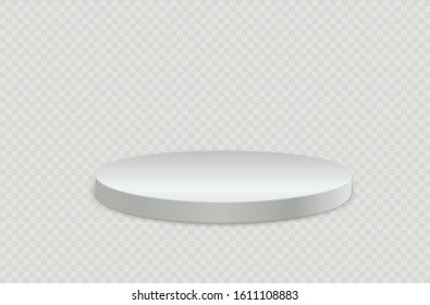 White realistic top hat, empty stand, round, square podium isolated on background. Сompetition winner award, platform, stage, 3d Pedestal. Vector illustration, EPS 10.
