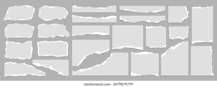 White realistic torn or ripped paper strip collection with grunge edges. Torn notebook page or scrap note with damaged border. Sticky newspaper clip art with paint brush stroke texture. Ripped banner.