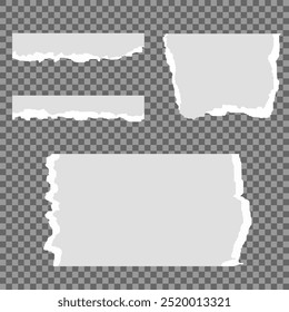 White realistic torn or ripped paper strip collection with grunge edges. Torn notebook page or scrap note with damaged border. Sticky newspaper clip art with paint brush stroke texture. Ripped banner.