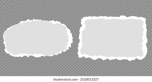 Colección de tira de papel rasgada o rasgada realista blanca con bordes grunge. Página de libreta rota o nota de desecho con borde dañado. Arte pegajoso del Clip del diario con la textura del trazo del pincel de la pintura. Anuncio rasgado.