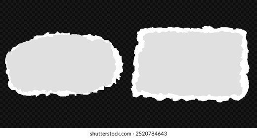 Colección de tira de papel rasgada o rasgada realista blanca con bordes grunge. Página de libreta rota o nota de desecho con borde dañado. Arte pegajoso del Clip del diario con la textura del trazo del pincel de la pintura. Anuncio rasgado.