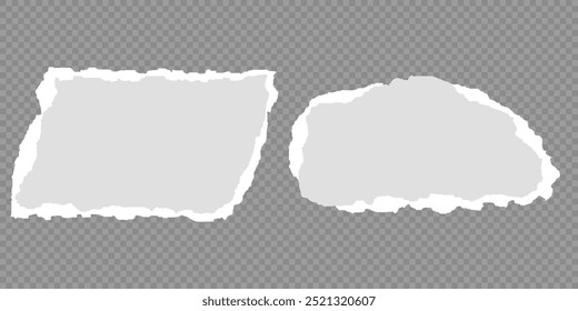 Colección de tira de papel rasgada o rasgada realista blanca con bordes grunge. Página de libreta rota o nota de desecho con borde dañado. Arte pegajoso del Clip del diario con la textura del trazo del pincel de la pintura. Anuncio rasgado.