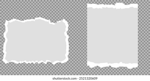 White realistic torn or ripped paper strip collection with grunge edges. Torn notebook page or scrap note with damaged border. Sticky newspaper clip art with paint brush stroke texture. Ripped banner.