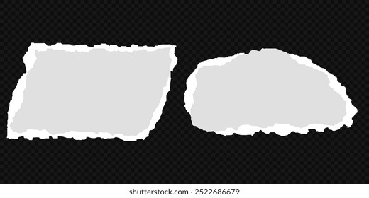 Colección de tira de papel rasgada o rasgada realista blanca con bordes grunge. Página de libreta rota o nota de desecho con borde dañado. Arte pegajoso del Clip del diario con la textura del trazo del pincel de la pintura. Anuncio rasgado.