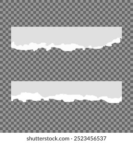 White realistic torn or ripped paper strip collection with grunge edges. Torn notebook page or scrap note with damaged border. Sticky newspaper clip art with paint brush stroke texture. Ripped banner.