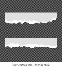White realistic torn or ripped paper strip collection with grunge edges. Torn notebook page or scrap note with damaged border. Sticky newspaper clip art with paint brush stroke texture. Ripped banner.