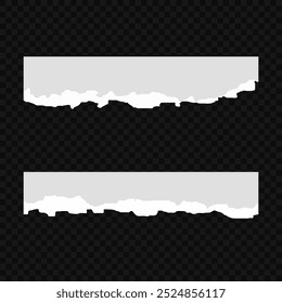 White realistic torn or ripped paper strip collection with grunge edges. Torn notebook page or scrap note with damaged border. Sticky newspaper clip art with paint brush stroke texture. Ripped banner.