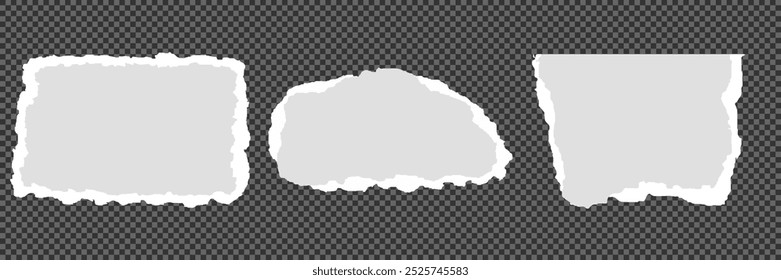 White realistic torn or ripped paper strip collection with grunge edges. Torn notebook page or scrap note with damaged border. Sticky newspaper clip art with paint brush stroke texture. Ripped banner.