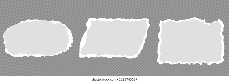 White realistic torn or ripped paper strip collection with grunge edges. Torn notebook page or scrap note with damaged border. Sticky newspaper clip art with paint brush stroke texture. Ripped banner.