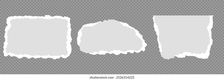 Colección de tira de papel rasgada o rasgada realista blanca con bordes grunge. Página de libreta rota o nota de desecho con borde dañado. Arte pegajoso del Clip del diario con la textura del trazo del pincel de la pintura. Anuncio rasgado.