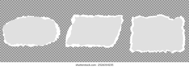 White realistic torn or ripped paper strip collection with grunge edges. Torn notebook page or scrap note with damaged border. Sticky newspaper clip art with paint brush stroke texture. Ripped banner.