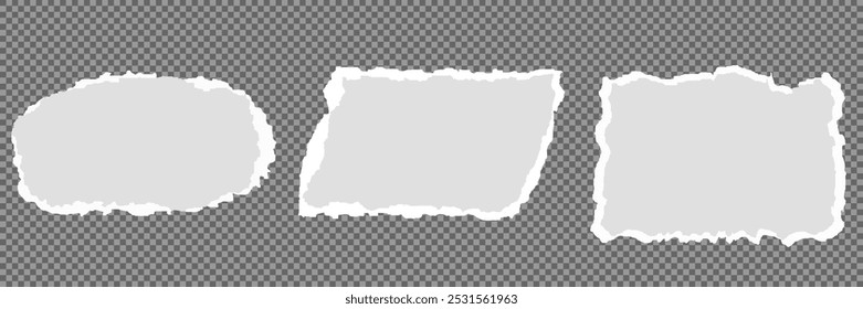 White realistic torn or ripped paper strip collection with grunge edges. Torn notebook page or scrap note with damaged border. Sticky newspaper clip art with paint brush stroke texture. Ripped banner.