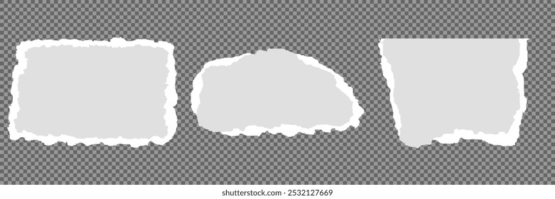 White realistic torn or ripped paper strip collection with grunge edges. Torn notebook page or scrap note with damaged border. Sticky newspaper clip art with paint brush stroke texture. Ripped banner.