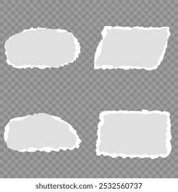 White realistic torn or ripped paper strip collection with grunge edges. Torn notebook page or scrap note with damaged border. Sticky newspaper clip art with paint brush stroke texture. Ripped banner.