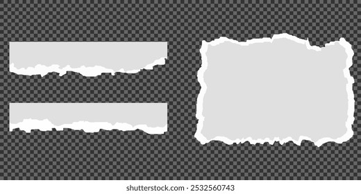 White realistic torn or ripped paper strip collection with grunge edges. Torn notebook page or scrap note with damaged border. Sticky newspaper clip art with paint brush stroke texture. Ripped banner.
