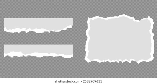 White realistic torn or ripped paper strip collection with grunge edges. Torn notebook page or scrap note with damaged border. Sticky newspaper clip art with paint brush stroke texture. Ripped banner.