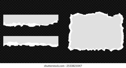 Coleção de tiras de papel rasgado ou rasgado realista branco com bordas grunge. Página do bloco de anotações rasgada ou nota de sucata com borda danificada. clip-art jornal pegajoso com pintura pincel traçado textura. Banner rasgado.