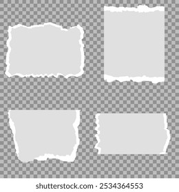 White realistic torn or ripped paper strip collection with grunge edges. Torn notebook page or scrap note with damaged border. Sticky newspaper clip art with paint brush stroke texture. Ripped banner.
